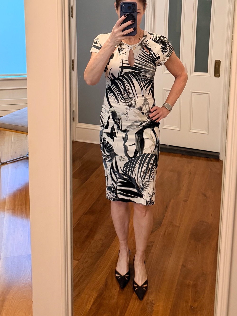 Roberto Cavalli Black & White Tropical Print Sheath Dress